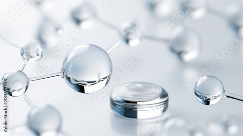 Abstract molecular structure with transparent spheres and connecting rods. The spheres reflect light, giving a clean and scientific appearance