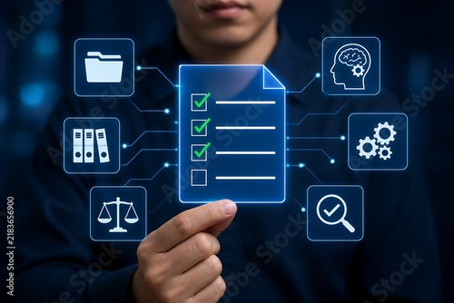 Person interacting with digital checklist, documents, and analytical icons on screen