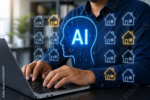 Person typing on laptop with ai brain and house icons overlay