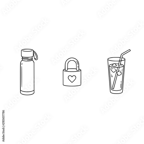 This image features a water bottle, a heart lock, and a refreshing glass of drink, representing hydration, security, and relaxation in a stylized manner.