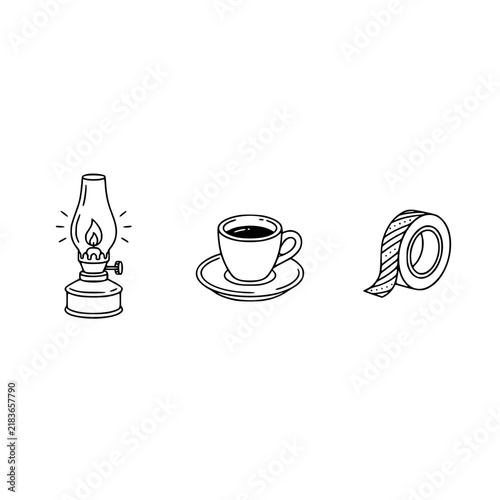 This artistic image combines a lantern, a coffee cup, and a roll of tape, encapsulating cozy comfort, warmth, and creativity in a clean and minimalistic style.