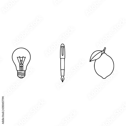 This artistic composition depicts a light bulb, a fountain pen, and a lemon, capturing notions of creativity, inspiration, and zest for life through minimalistic design.