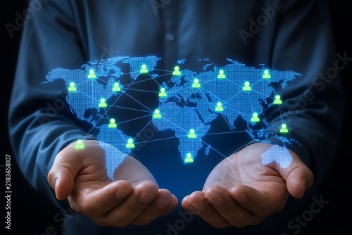 Hands holding glowing digital network map with connected nodes