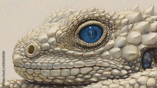 Macro lizard head with blue eye, scaly reptile skin texture, exotic animal portrait