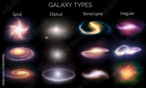 Types of galaxies in the universe: spiral, elliptical, irregular, and barred spiral. Galaxies on a black background.