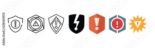 Warning and Alert Shield Icon Set – Outline, Solid, and Color Vector Collection Representing Caution, Risk, and Security