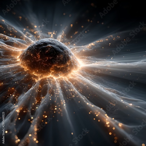A glowing, abstract explosion of cosmic dust and light, resembling a nebula or a star bursting with energy. The warm orange and yellow light emanates from a central sphere.