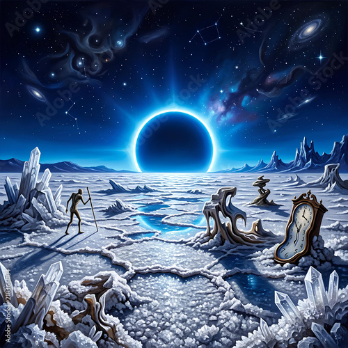 Surreal figure walking on icy wasteland under black sun