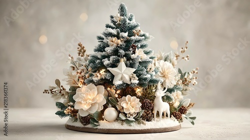 A festive and decorative Christmas centerpiece featuring a frosted pine tree, accented with ornaments, faux flowers, pinecones, and a small reindeer figurine, all nestled on a snowy base.