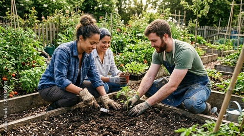 Community Gardening: Diverse Friends Planting Together in Organic Vegetable Garden