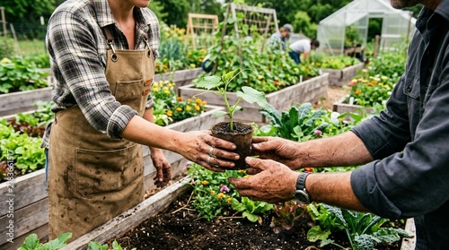 Couple planting seedling in raised garden beds with greenhouse in background