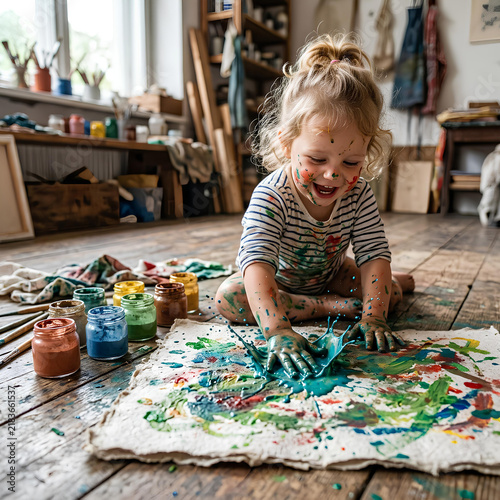 Toddler girl covered in paint playing on floor.
