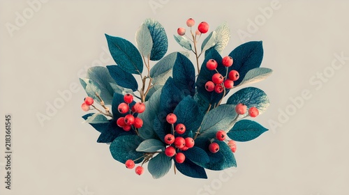 A beautiful festive arrangement of dark green leaves and bright red berries, evoking a sense of winter cheer and natural elegance