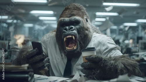 A furious gorilla dressed in a suit, tie and shirt, wearing a tie, holding a coffee and a mobile phone, and sitting in a messy office with papers flying around. This gorilla represents stress, rage.