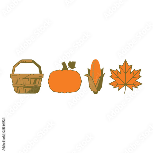 Autumn harvest vector icon set, orange pumpkin and corn cob, wooden basket and maple leaf, thanksgiving design elements isolated on White Background editable eps
