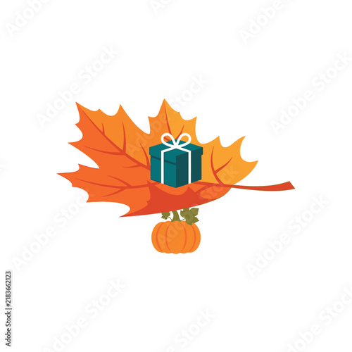 Autumn maple leaf with gift box and pumpkin vector, fall season celebration icon, thanksgiving holiday gift illustration isolated on White Background editable eps