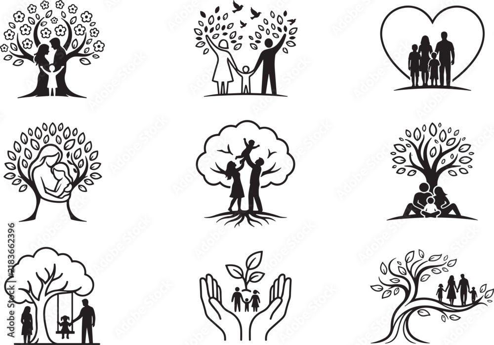 Obraz premium Family Tree Concept Vector Set with Silhouette Elements Showing Parents Children Loving Care and Growth Patterns For Design