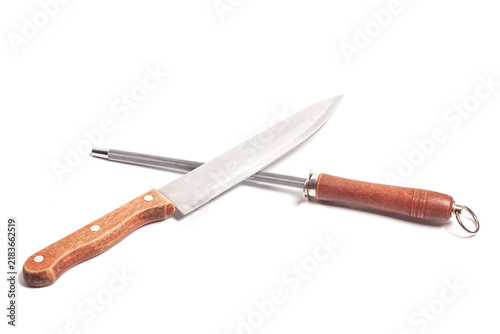Knife sharpener and knife isolated on white.