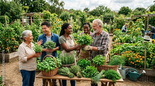 Diverse community garden group sharing fresh herbs and vegetables, smiling.