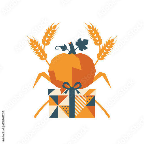 Geometric autumn pumpkin illustration, stylized harvest gift box with wheat stalks, modern fall season vector graphic isolated on White Background editable eps