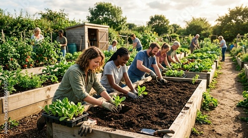 Diverse community gardeners planting seedlings in raised beds at a sunny allotment