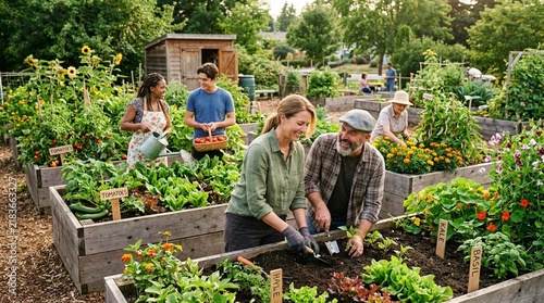 Diverse community garden with people tending raised beds, fresh produce, and lush greenery.