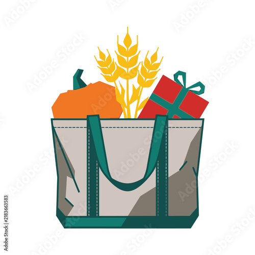 Reusable canvas tote bag with autumn harvest, pumpkin and wheat stalks in shopping bag, seasonal grocery gift bag vector isolated on White Background editable eps