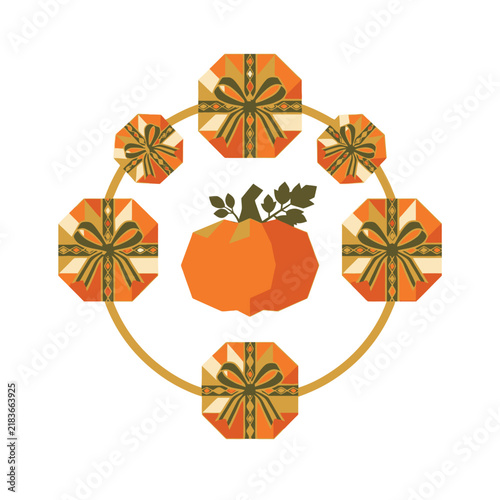 Geometric pumpkin autumn wreath vector, orange fall harvest illustration, seasonal gift box circle frame for thanksgiving isolated on White Background editable eps