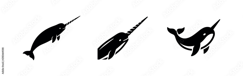 Obraz premium Unique narwhal marine mammal silhouette icons with characteristic tusk, isolated on white.