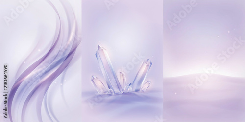 Abstract vertical banners with soft purple light waves and transparent crystal clusters in