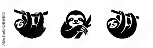 Fotografie Cute sloth animal silhouettes set, lazy jungle mammal icons