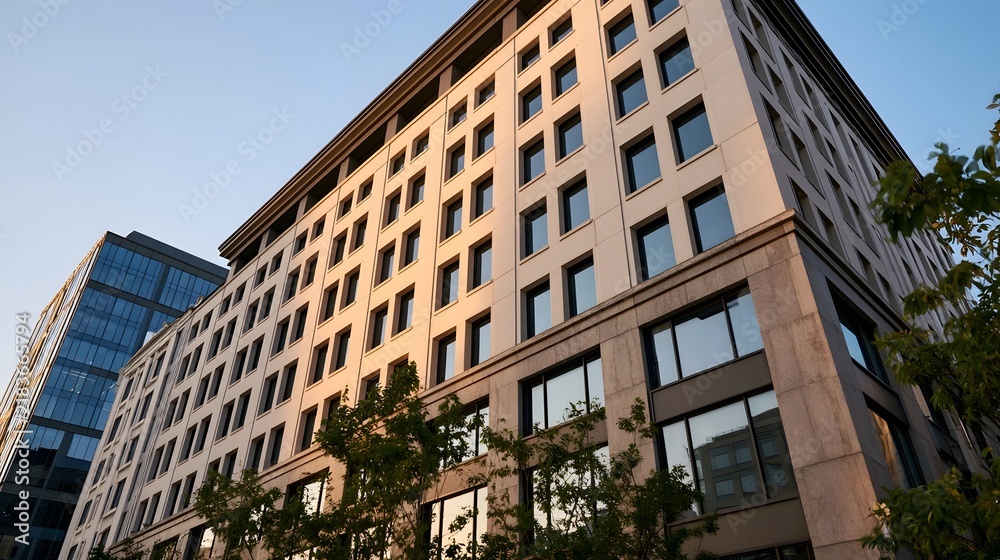 Fototapeta premium Modern office building with grid like and stone facade under clear sky framed by green trees in urban setting