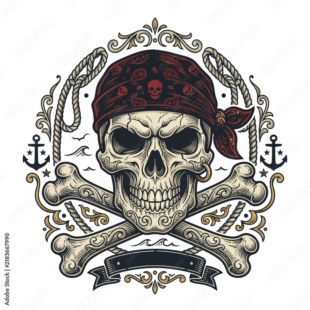 Fototapeta premium Skull Pirate Emblem with Bones, Bandana, and Nautical Elements