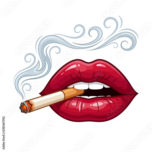 Stylish Red Lips Smoking Cigarette with Swirling Smoke, Bold Fashion Icon