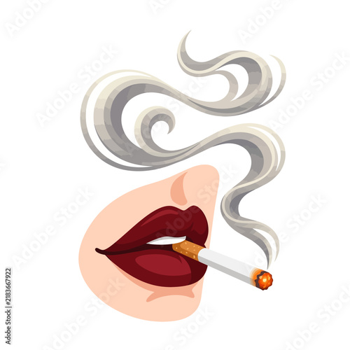 Stylish Woman's Lips Smoking Cigarette with Smoke Swirls - Vector Illustration