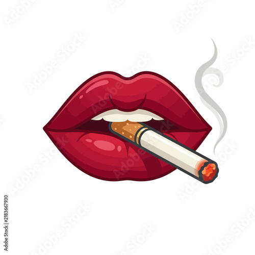 Stylish Woman's Red Lips Smoking Cigarette with Smoke