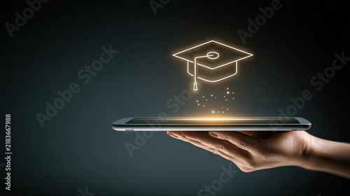 Hand holding tablet with illuminated graduation cap symbol against dark background