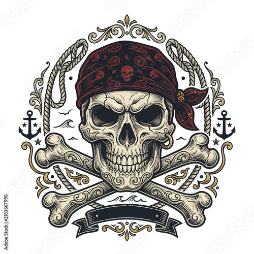Skull Pirate Emblem with Bones, Bandana, and Nautical Elements