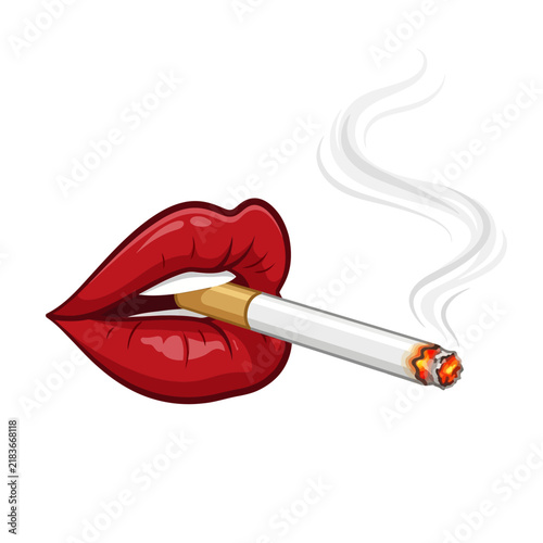Woman's Red Lips Smoking Cigarette with Smoke on White Background