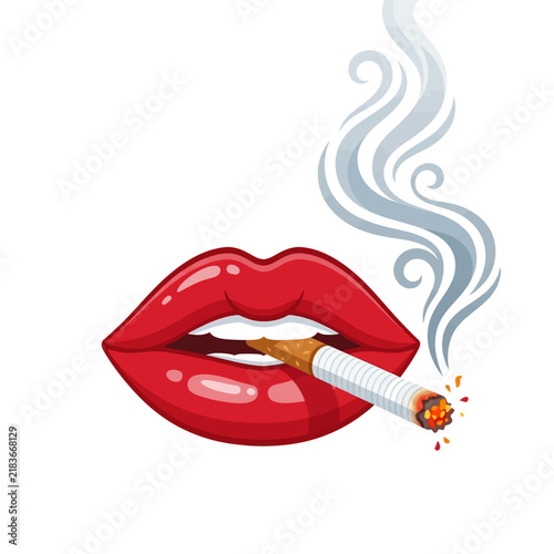 Woman's Red Lips Smoking Cigarette with Smoke Swirls