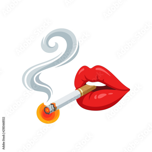 Woman's Red Lips Smoking Cigarette with Smoke Swirls