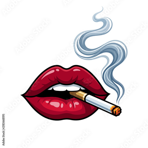Woman's Red Lips Smoking Cigarette with Smoke, Pop Art Style