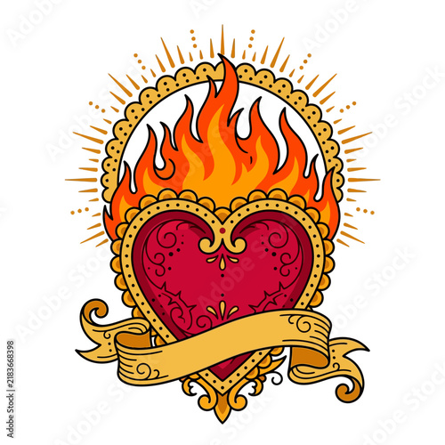 Flaming Sacred Heart Tattoo Design with Banner