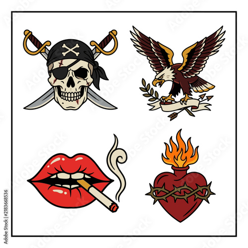 Four Vintage Tattoo Designs: Skull, Eagle, Lips, Heart