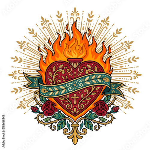 Flaming Sacred Heart with Roses and Ornate Design