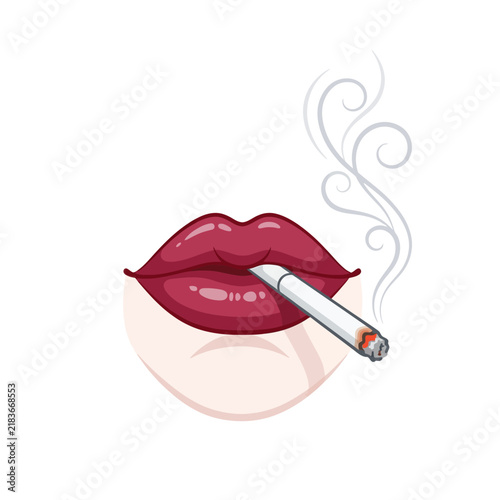 Glamorous Lips Smoking Cigarette with Smoke Wisp