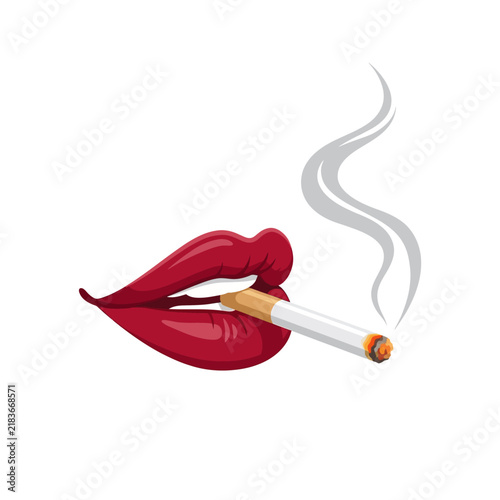 Glamorous red lips smoking a cigarette with wisps of smoke