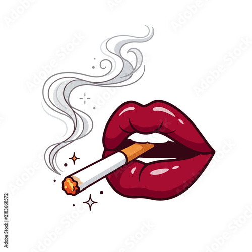 Glamorous Lips Smoking Cigarette with Swirling Smoke and Sparkles