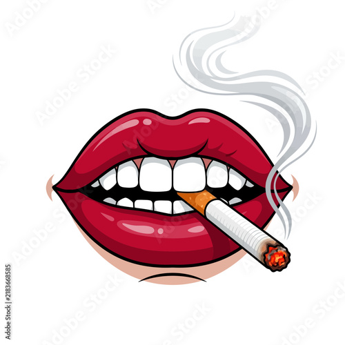 Glamorous Red Lips Smoking Cigarette with Smoke Puffs