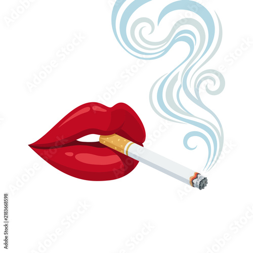 Glamorous Red Lips Smoking Cigarette with Swirling Smoke